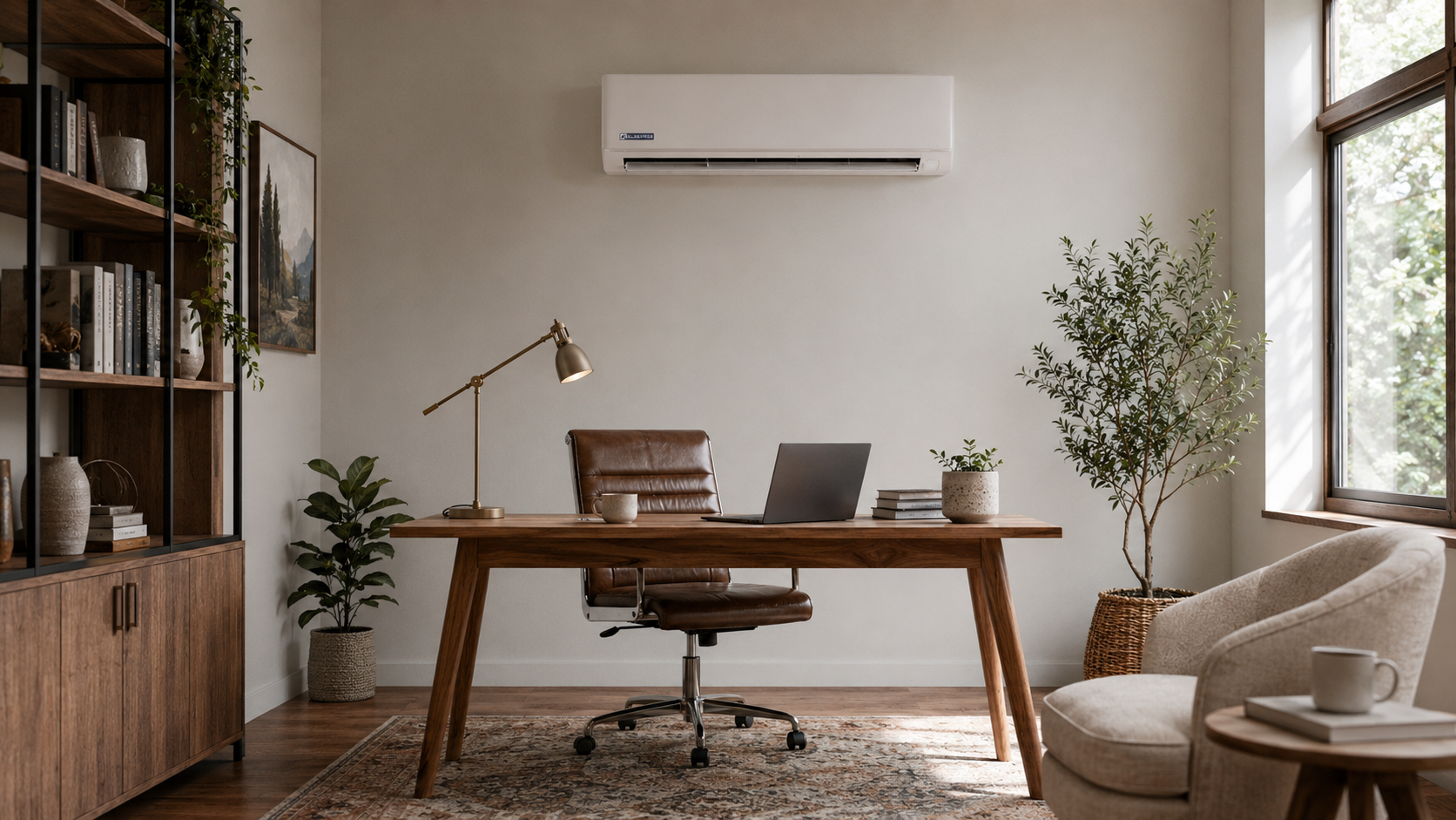 Ductless mini-split indoor unit installed in a home office