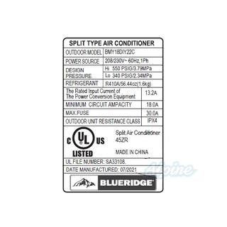 Photo of Blueridge BMY18DIY22C 18,000 BTU 22 SEER Single Zone 208-230V Do It Yourself Ductless Mini Split Outdoor Condenser 55978