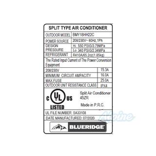 Photo of Blueridge BMY18HH22C-BMY18HH22WM SND-KIT (Kit No. S1067) SND 18,000 BTU 21.5 SEER Single Zone Ductless Mini Split Outdoor Condenser & New 18,000 BTU Single Zone Wall Mounted Ductless Indoor Air Handler 55979