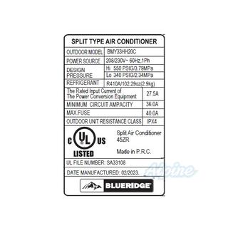 Photo of Blueridge BMY33HH20C 33,000 BTU 19.5 SEER / 19.5 SEER2 Single Zone Hyper Heat Ductless Mini Split Outdoor Condenser 55984