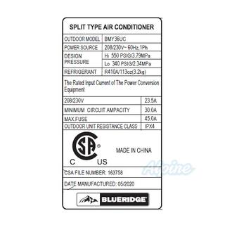 Photo of Blueridge BMY36UC 36,000 BTU Single Zone Ductless Mini Split Outdoor Condenser 55988