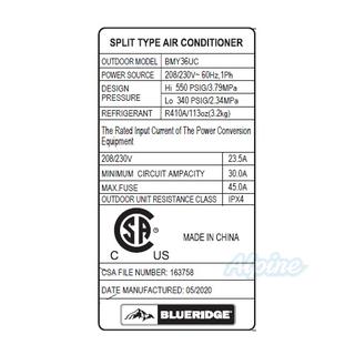 Photo of Blueridge BMY36UC-BM36MCD SND-KIT (Kit No. S1059) NEW 36,000 BTU Single Zone Ductless Mini Split Outdoor Condenser & SND 36,000 BTU Concealed Ducted Indoor Air Handler 55988