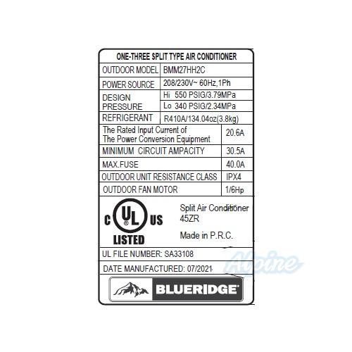 Photo of Blueridge BMM27HH2C 27,000 BTU - R-410A - Three Zone Hyper Heat Ductless Mini Split Outdoor Condenser 55944