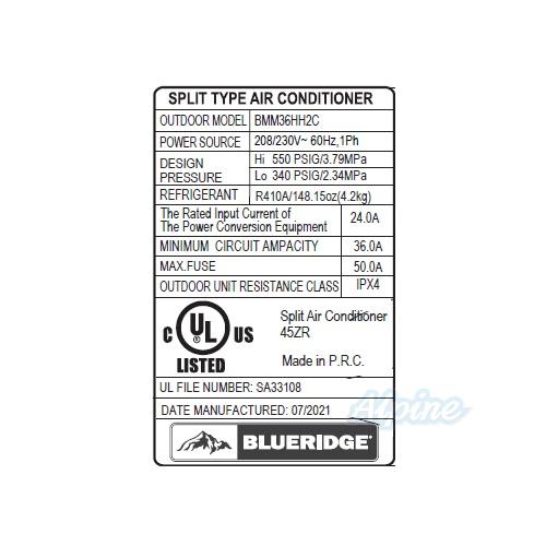 Photo of Blueridge BMM36HH2C 36,000 BTU - R-410A - Four Zone Hyper Heat Ductless Mini Split Outdoor Condenser 55947