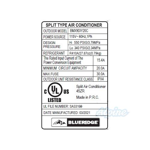 Photo of Blueridge BMX9DIY20C 9,000 BTU 20 SEER2 Single Zone 115V Do It Yourself Ductless Mini Split Outdoor Condenser 55967