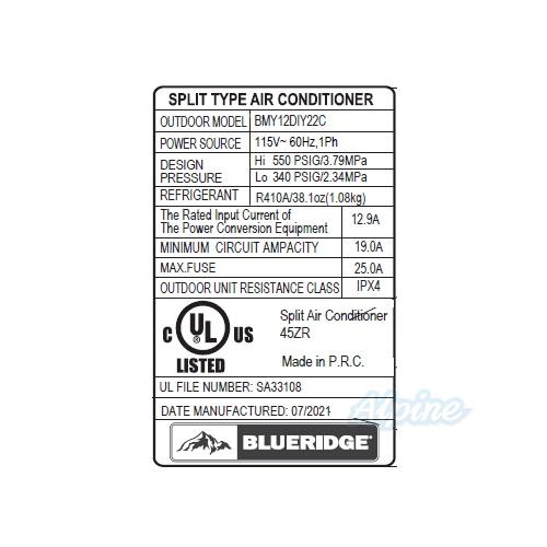 Photo of Blueridge BMY12DIY22C 12,000 BTU 22 SEER - R410A - Single Zone 115V DIY Ductless Mini Split Outdoor Condenser 55969