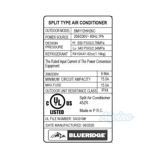 Photo of Blueridge BMY12HH26C 12,000 BTU 25.5 SEER - R410A - Single Zone Hyper Heat Ductless Mini Split Outdoor Condenser 55970