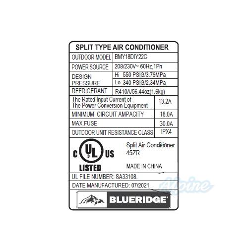 Photo of Blueridge BMY18DIY22C 18,000 BTU 22 SEER - R410A - Single Zone 208-230V Do It Yourself Ductless Mini Split Outdoor Condenser 55978