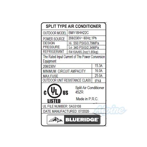 Photo of Blueridge BMY18HH22C 18,000 BTU 21.5 SEER - R410A - Single Zone Hyper Heat Ductless Mini Split Outdoor Condenser 55979