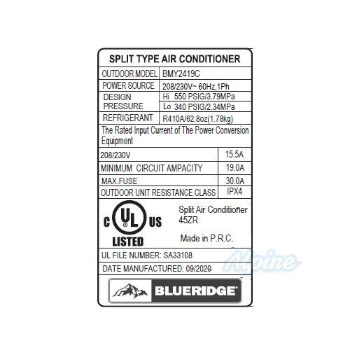 Photo of Blueridge BMY2419C 24,000 BTU 18.5 SEER Single Zone Ductless Mini Split Outdoor Condenser 55980
