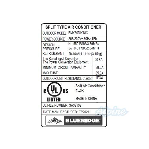 Photo of Blueridge BMY3618 36,000 BTU (3 Ton) 18 SEER / 18 SEER2 - S2 SERIES - 208/230V Single Zone Ductless Mini-Split Heat Pump System - WiFi Capable 55986
