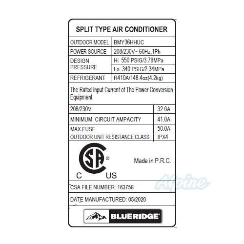 Photo of Blueridge BMY36HHUC 36,000 BTU - R-410A - Single Zone HYPER HEAT Ductless Mini Split Outdoor Condenser 55987