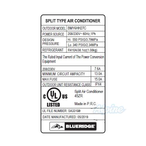 Photo of Blueridge BMY6HH27C 6,000 BTU 26.5 SEER - R-410A - Single Zone Hyper Heat Ductless Mini Split Outdoor Condenser 55993