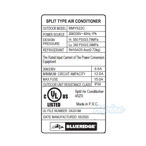 Photo of Blueridge BMY922C 9,000 BTU 21.5 SEER - R410A - Single Zone Ductless Mini Split Outdoor Condenser 55994
