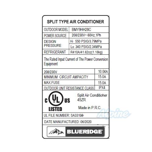 Photo of Blueridge BMY9HH28C 9,000 BTU 28 SEER - R410A - Single Zone Hyper Heat Ductless Mini Split Outdoor Condenser 55995
